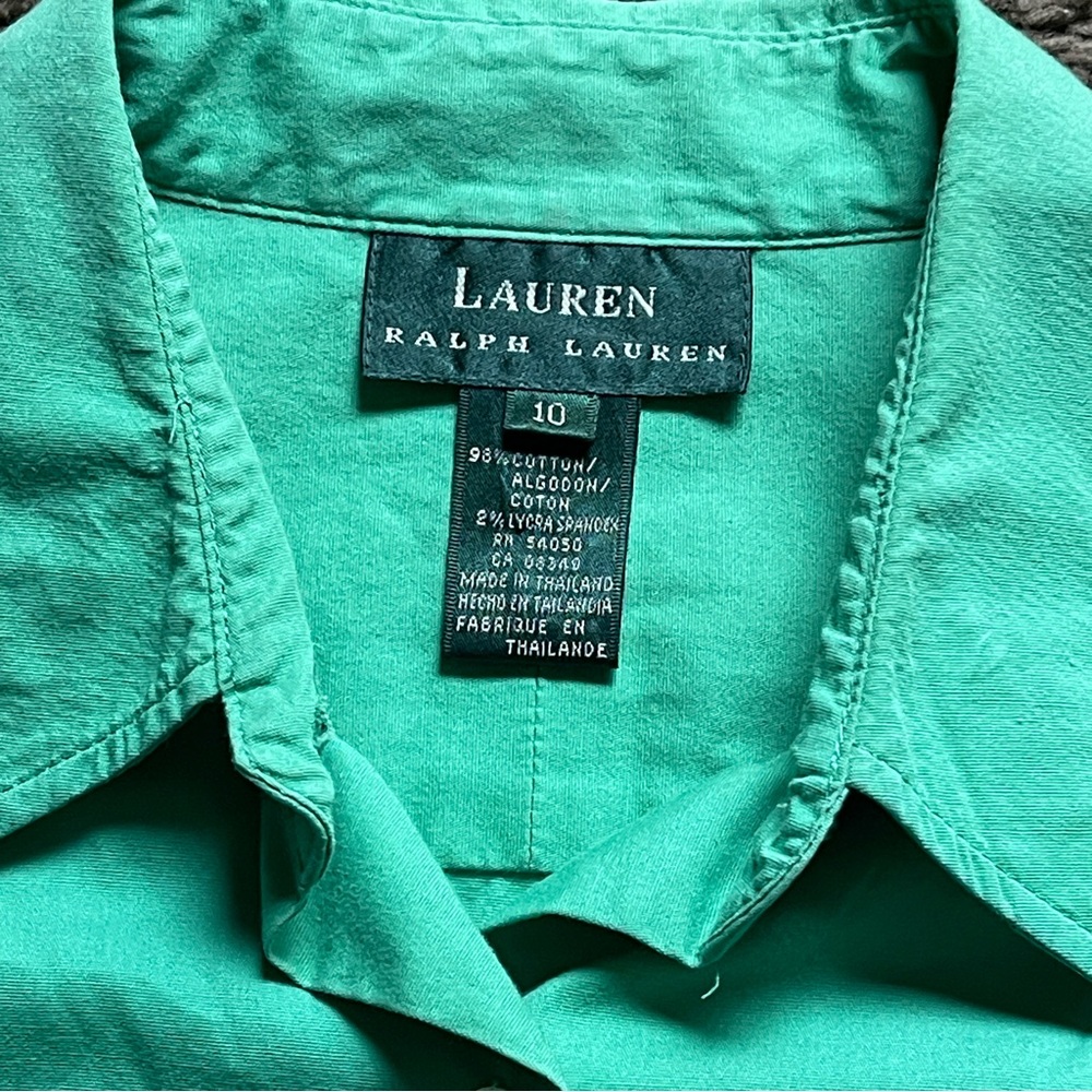 Lauren Ralph Lauren Polo Blouse Green Solid Stretch Button Up - Picture 3 of 7